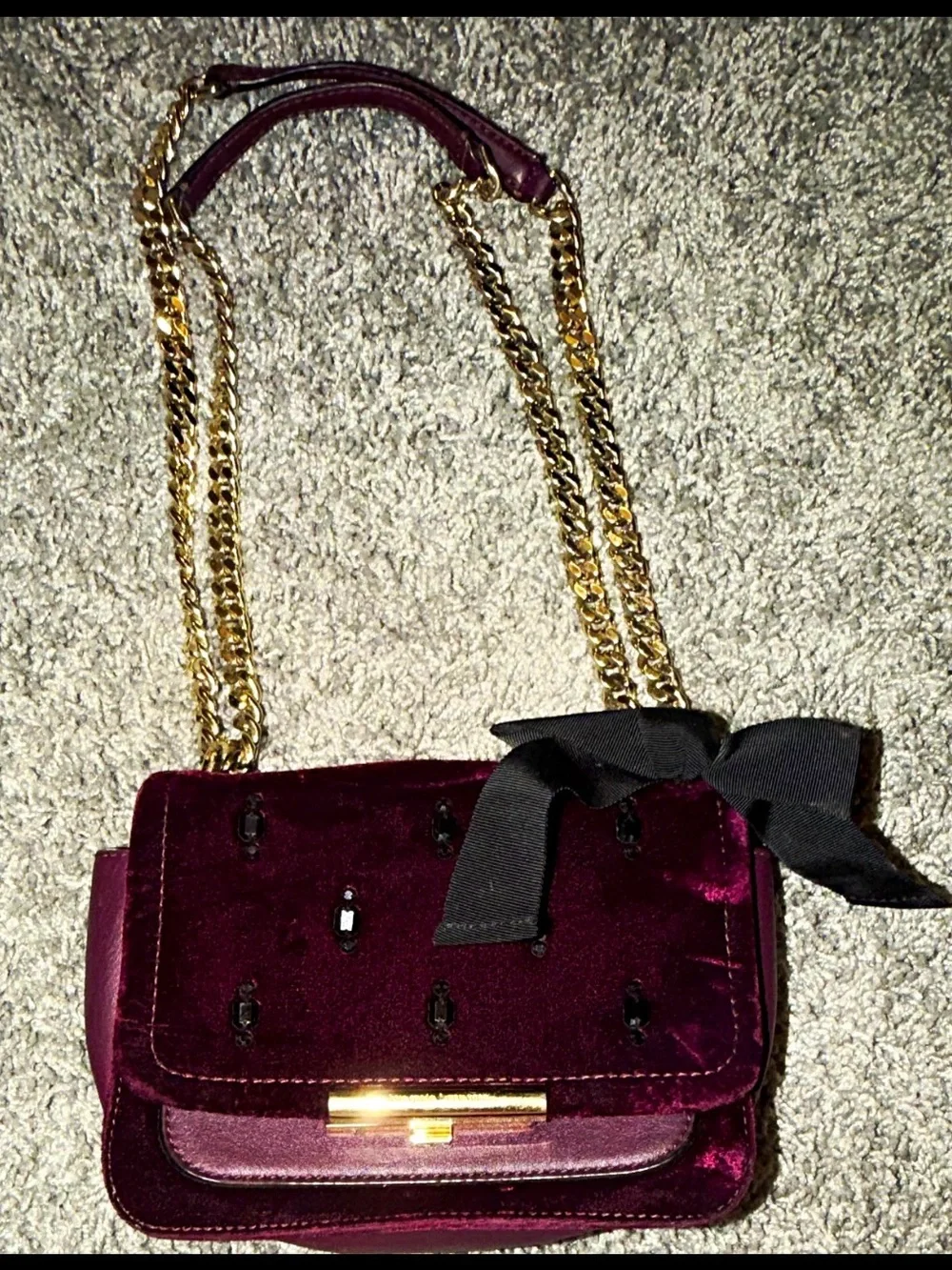 kate spade Plum Velvet Crossbody Bag with Gold Chain and Black Bow